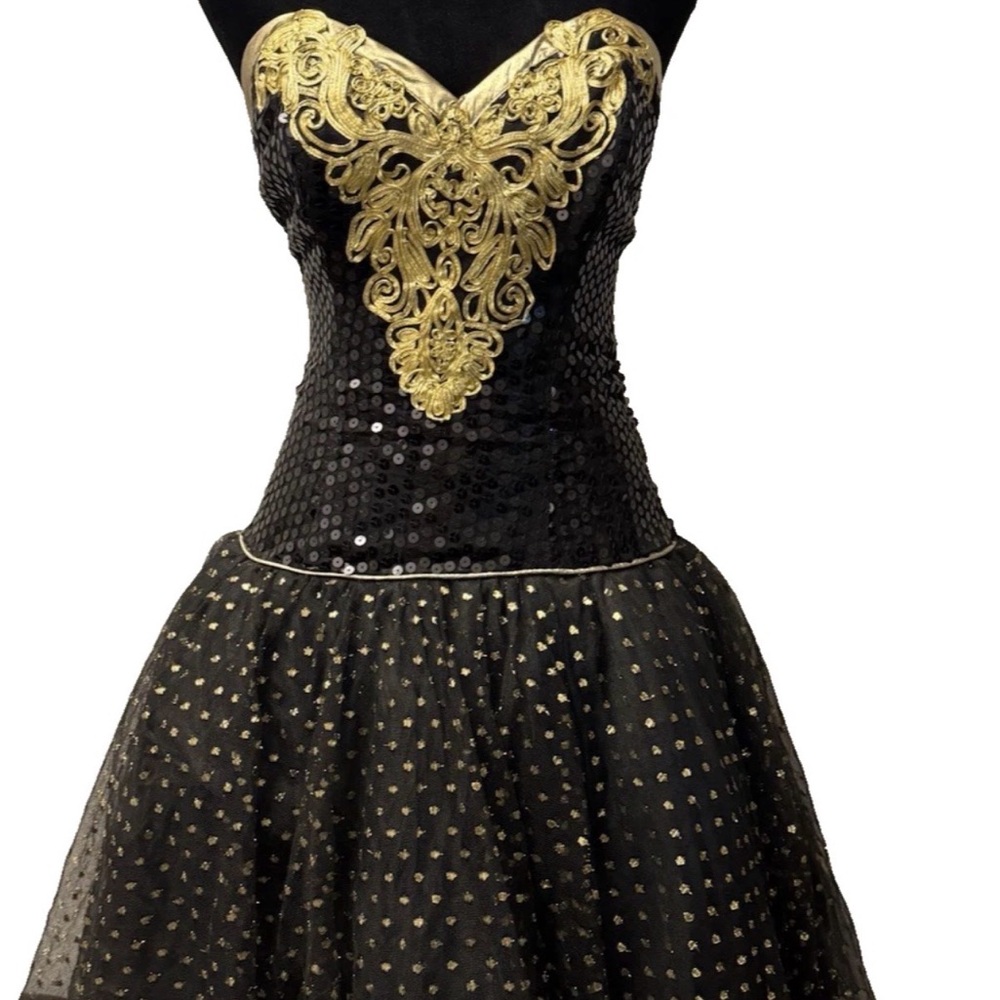 Vintage 1980's Black & Gold Metallic Sequence Strapless Party Dress 7/8